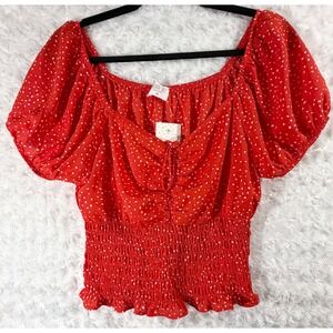 Sienna Sky Womens Size Medium Red Polka Dot Smocked Puff Sleeve Crop Top NWT